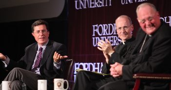 (from left) Stephen Colbert, James Martin, S.J., and Timothy Cardinal Dolan