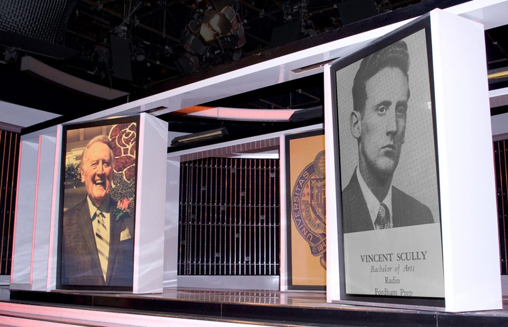 A picture of Scully as grand marshal of the 2014 Tournament of Roses Parade and his 1949 Fordham Maroon yearbook photo were among the images used to turn a CBS soundstage into a celebration of the broadcaster’s life and career.