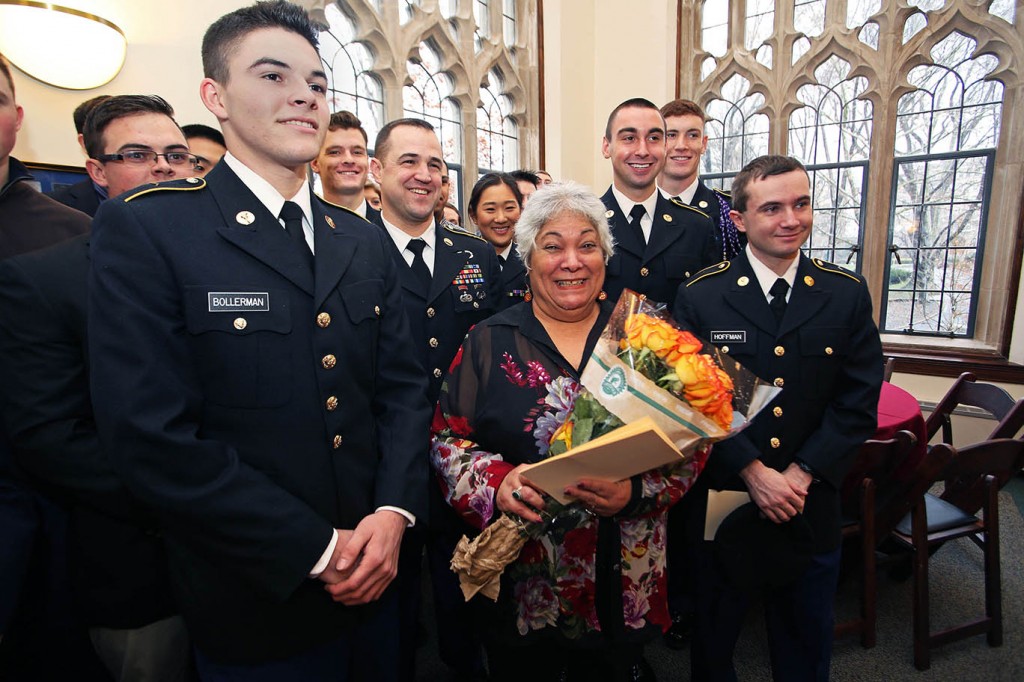 "The General." Melba Diaz, with a few of the many ROTC cadets who came out to celebrate her 20 years at Fordham. 