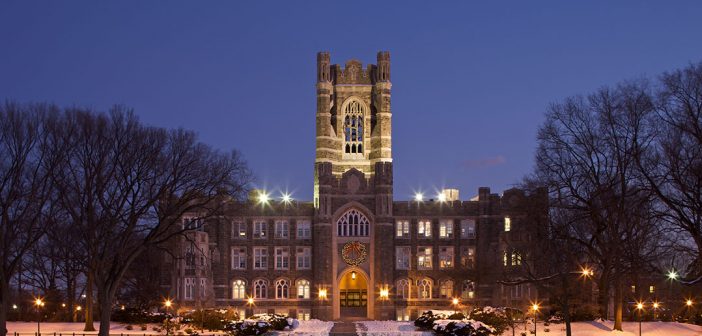 Keating Hall in the snow at Christmas.