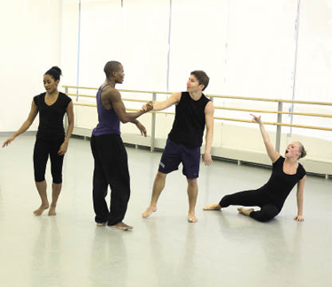 Ailey-Fordham students Jacquelin Harris (left), Patrick Coker (second from right) and Rachel Secrest (right) performing in a piece choreographed by Camille Brown.  Photo by Michael Dames