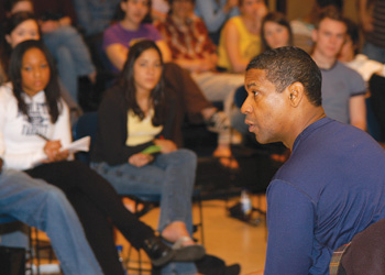 Denzel Washington, FCLC ’77, gives a master class at Fordham in 2005. Photo by Jon Roemer
