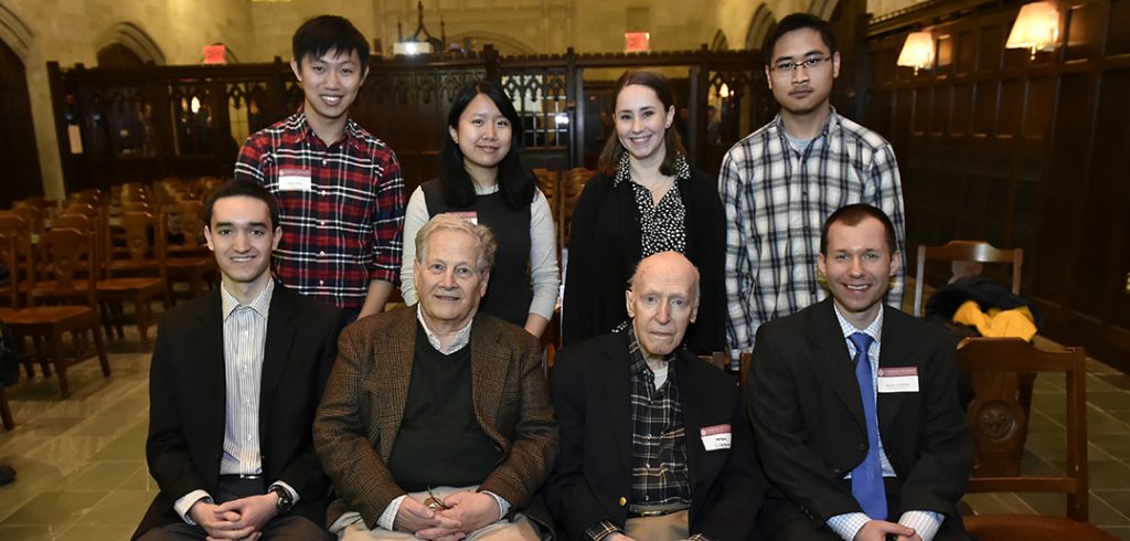 Back row, left to right: Ruiju Wang, FCRH '15; Katherine Lee, FCLC '16), Lauren Vogelstein (FCLC '13), John Wu (FCLC '14).   Front row, left to right: Jeremy Fague (FCRH '16), Frank Connolly (Fordham 1961), Peter Curran (Fordham faculty, retired), David Swinarski (Fordham faculty)
