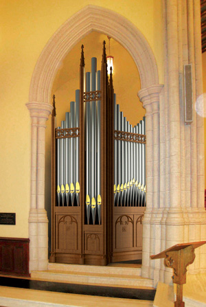 This rendering shows the new organ as it will appear in the church’s sanctuary.  Image courtesy of Shoenstein and Co.