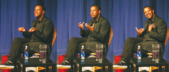 Denzel Washington, FCLC ’77, joined students in Pope Auditorium for a Q-and-A on the very same stage he performed on while at Fordham. Photos by Tom Stoelker