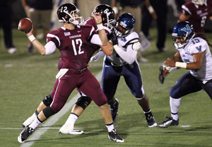Quarterback Mike Nebrich throws a pass at Coffey Field on Sept. 8 en route to a victory over Villanova.