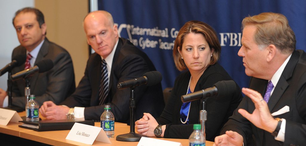 Preet Bharara, Joseph Demarest, Lisa Monaco, and Michael Rogers assessed the cyber-threat. (Photo by Christ Taggart)