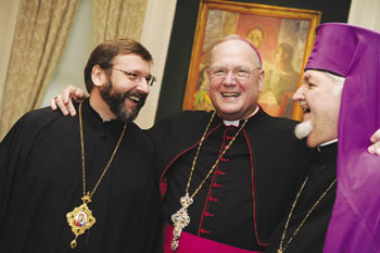 Archbishop Timothy M. Dolan, Archbishop of New York and president of the United States Conference of Catholic Bishops (center) shares a laugh with His Beatitude Sviatoslav Shevchuk, head and father of the Ukrainian Catholic Church (left) and Bishop Emeritus Basil Losten, former Eparch of the Ukrainian Catholic Eparchy of Stamford. Photo by Chris Taggart