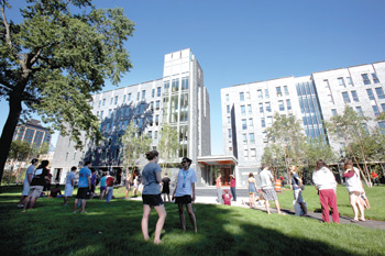 New residents get a close look at Campbell, Salice and Conley Halls on Aug. 30.  Photo by Bruce Gilbert