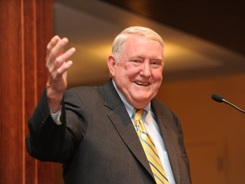 E. Gerald Corrigan, Ph.D., tells the audience that no one is predestined to be a leader.  Photo by Chris Taggart