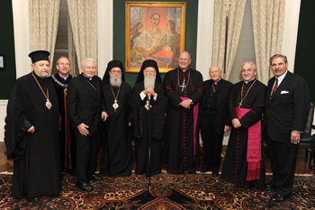 Ecumenical Patriarch Bartholomew (center) joins other special guests from the Greek Orthodox and Roman Catholic churches, as well as Fordham. Photo by Jon Roemer