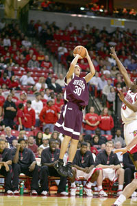 Junior forward Sebastian Greene squares up for a jumper against national powerhouse Maryland. Photo by Vincent Dusovic