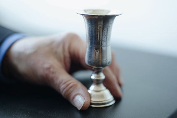 The Bornstein family kiddush cup, once buried in Żarki, Poland, and recovered by his mother after the war. (Photo by B.A. Van Sise)