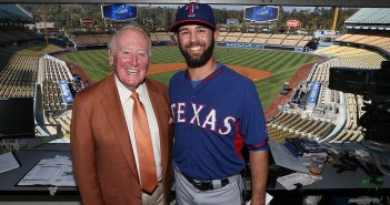 Dodgers broadcaster Vin Scully meets with Texas Rangers pitcher Nick Martinez, a fellow Fordham graduate