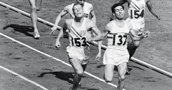 Fordham graduate Tom Courtney crosses the finish line, winning the gold medal in the 800-meter race at the 1956 Olympics.