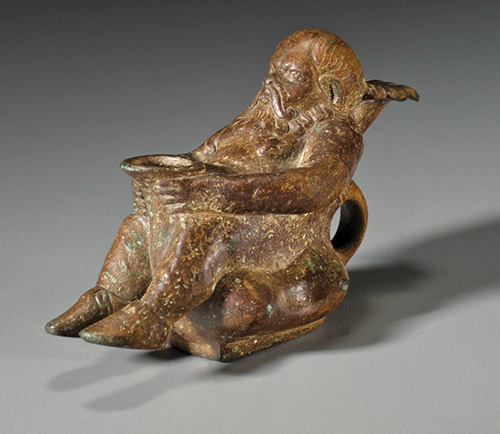 Askos (flask) in the form of a reclining satyr Roman, ca. 1st century C.E. Bronze, L: 5¼ in. (13.3 cm), from the Fordham Museum of Greek, Etruscan, and Roman Art