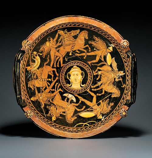 Patera (shallow bowl) with knob handles Greek, South Italian, Apulian, red-figure, ca. 340 B.C.E., Terracotta, d: 22 in. (55.89 cm), from the Fordham Museum of Greek, Etruscan, and Roman Art