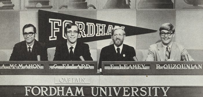 In 1968, four Fordham undergraduates—Arthur F. McMahon, George Ellard, Edward B. Leahey Jr., and Richard Ouzounian—won $20,000 in scholarship money on the College Bowl TV quiz show.
