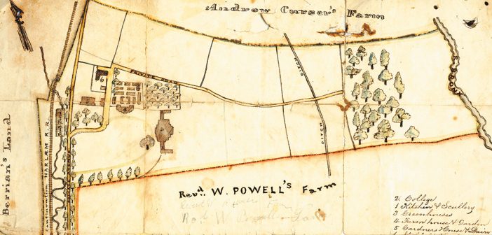The earliest known map of the Rose Hill campus, circa 1841, shows the main building of the college and the names of the neighboring farms.