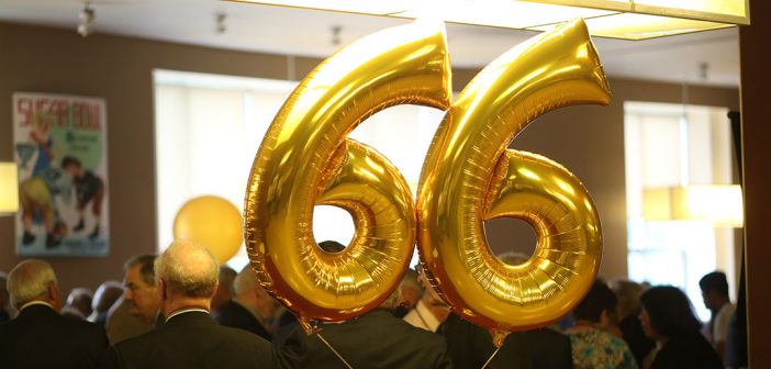Golden balloons decorate the Class of 1966's 50th reunion cocktail party.