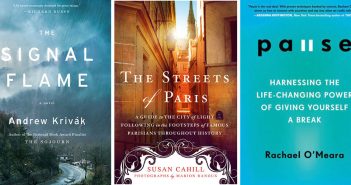 Composite image of the covers of three books by Fordham alumni: The Signal Flame, The Streets of Paris, and Pause