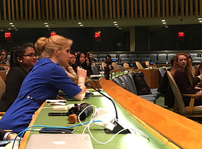Kacie Candela asking British Ambassador Matthew Rycroft a question in the U.N General Assembly Hall