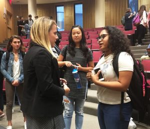 Sarah Greenwood meets with Gabelli students after her presentation.