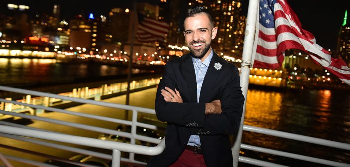 Justin LaCoursiere, president of Fordham's Young Alumni Committee, on Pier 81 prior to the Young Alumni Yacht Cruise, a three-hour dinner party and tour of New York Harbor that attracted approximately 300 guests.