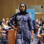 A model showcases sustainable fashions at the United Nations in New York on November 26, 2017.