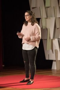 Fordham junior Olivia Greenspan speaking at the TEDx Youth event held on November 4 in Brookline, Massachusetts. (Photo by John Werner)