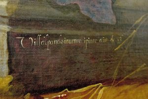 Villalpando’s signature on "The Adoration of the Magi" can be translated as “Villalpando invented and painted.” (Photo by Dana Maxson)
