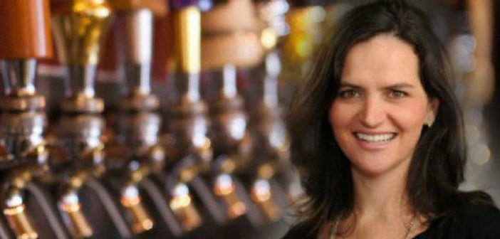 Composite image of Brenna Moore, Ph.D. in front of beer taps.