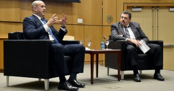 L-R) Harvey M. Schwartz, president and co-chief operating officer of Goldman Sachs, discusses the key to career success, with Joseph Mazzella, GABELLI '82