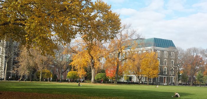 Edwards Parade in the fall, with Hughes Hall in the background