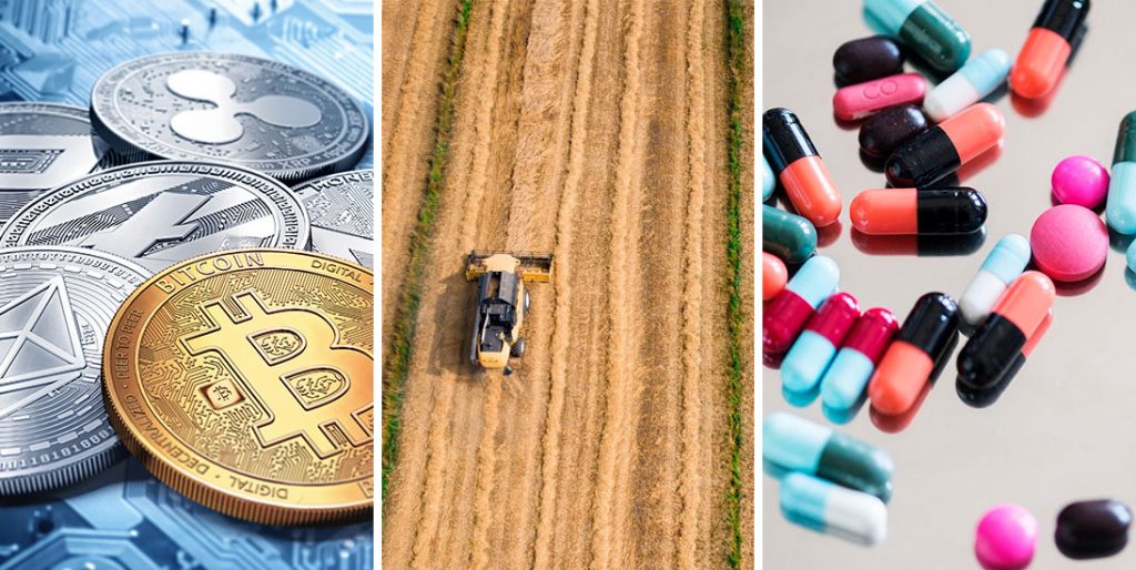 Collage of a cryptocurrency rendering, a tractor in a field, and medication