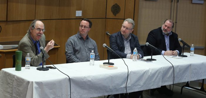 Paul Levinson, David Walton, Alex Shvartsman and Lance Strate discuss science fiction on stage at the McNally Ampitheatre, on the Lincoln Center campus