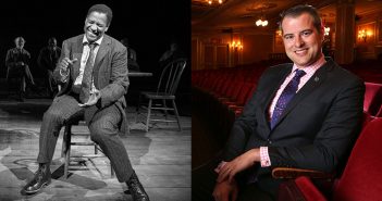 A composite image showing actor Denzel Washington (left) in "The Iceman Cometh" and Broadway producer John Johnson (right) sitting in a theater.