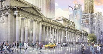 The proposed new version of Penn Station's majestic portico, stretching from 31st to 33rd street along Seventh Avenue (Rendering by Jeff Stikeman for Rebuild Penn Station)