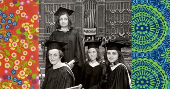 Colorful paisley patterns frame an image of four Thomas More College graduates, June 1968