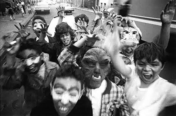Excited boys on Halloween, 15th Street, Brooklyn, 1974