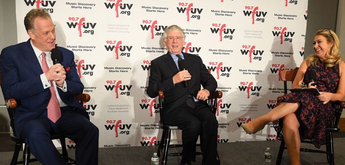 Michael Kay and ted Koppel are interviewed by alumna Sarah Kugel at the WFUV On the Record Benefit