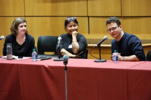 Laura Walker McDonald, Aradhana Gurung and Gustav Stromfelt seated at a table in the McNally Ampitheatre at the Lincoln Center campus.