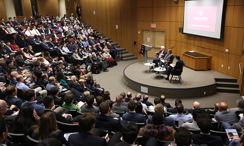 Students, alumni, and other guests fill the McNally Amphitheatre for Mario Gabelli book event