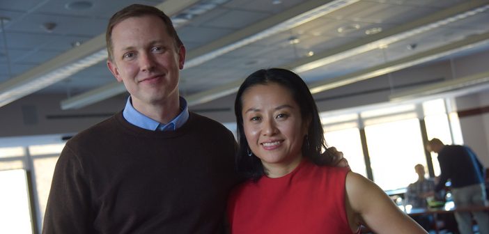 Christopher Dietrich, Ph.D., and Yuko Miki, Ph.D., standing next to each other at the Walsh Library