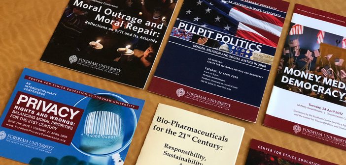 A collection of brochures advertising events held by the Center for Ethics Education.
