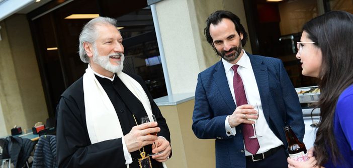 Center Co-Director Aristotle Papanikolaou (center) with His Grace Bishop Irinej of the Serbian Orthodox Archdiocese of Eastern America and Candace Lukasik of University of California Berkeley