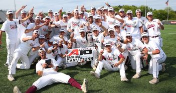 The 2019 Fordham baseball team celebrates its victory in the Atlantic 10 championship game