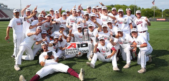 The 2019 Fordham baseball team celebrates its victory in the Atlantic 10 championship game