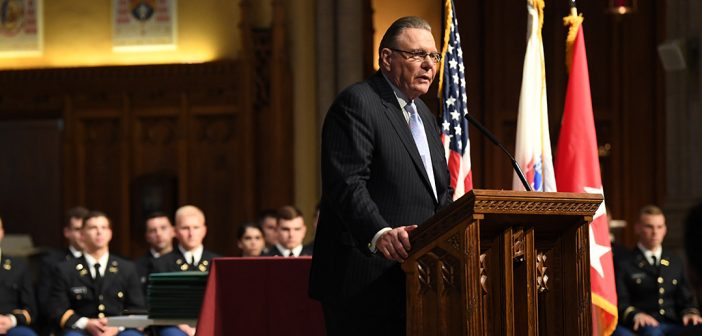 Retired General Jack Keane addresses Fordham's ROTC commissioning class of 2019.