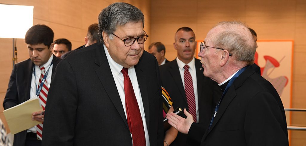 “Fordham along with the FBI has recognized way back in 2009 the importance of bringing cybersecurity officials together to focus on a problem that the human family has never faced before, namely cybersecurity,” said Joseph M. McShane, S.J., president of Fordham, pictured here with Attorney General William Barr.